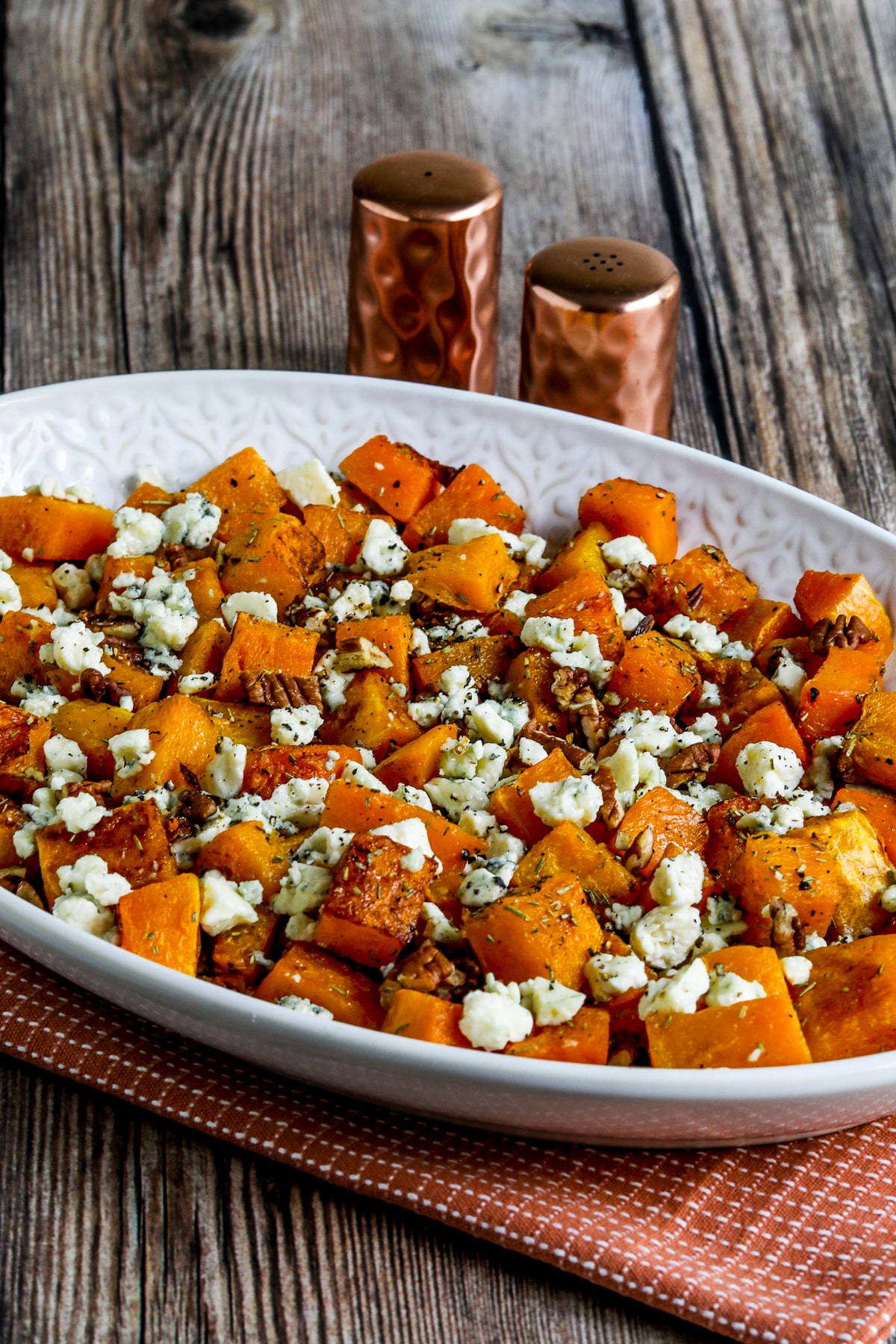 Roasted butternut squash with rosemary, pecans and gorgonzola