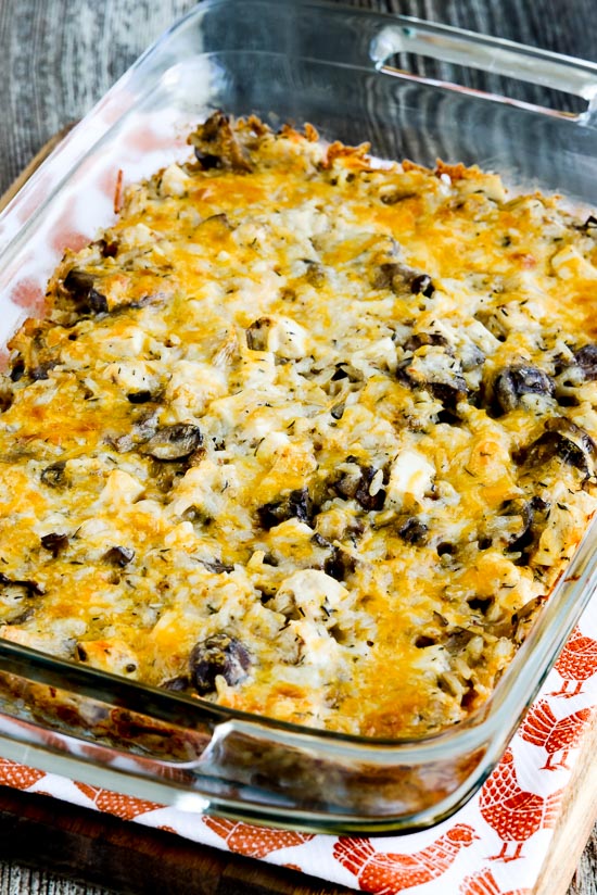 Leftover Turkey (or Chicken) Casserole with Brown Rice, Mushrooms, Sour Cream, Cheese, and Thyme found on KalynsKitchen.com