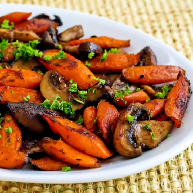 Roasted Carrots and Mushrooms on serving plate
