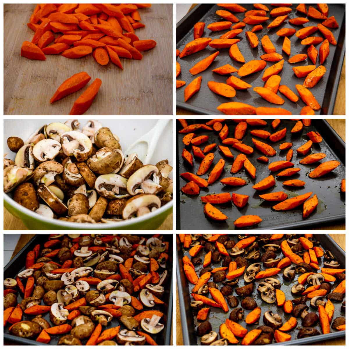 collage che mostra i passaggi della ricetta per carote e funghi arrostiti