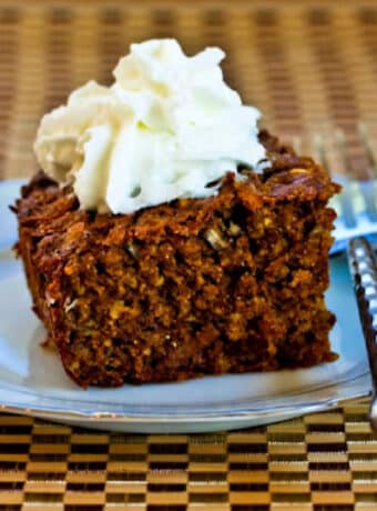 Oatmeal Spice Persimmon Cake shown on plate with fork.