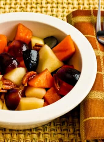 Square image for Persimmon Salad shown with fork and napkin.
