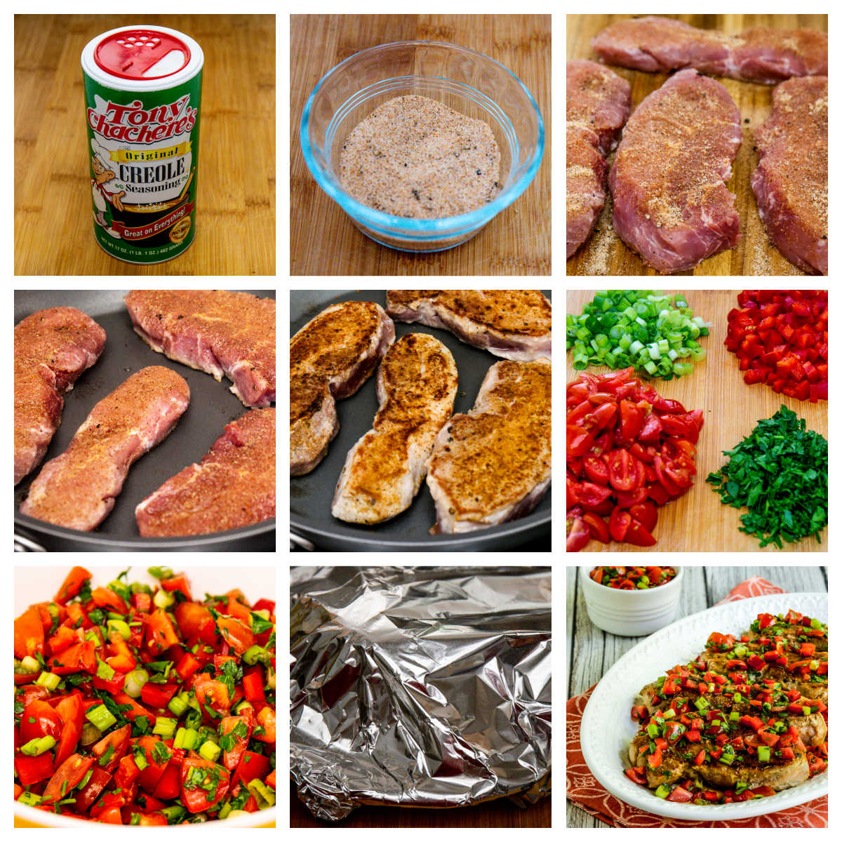 A collage of process shots of creole pork chops with tomato and pepper relish.