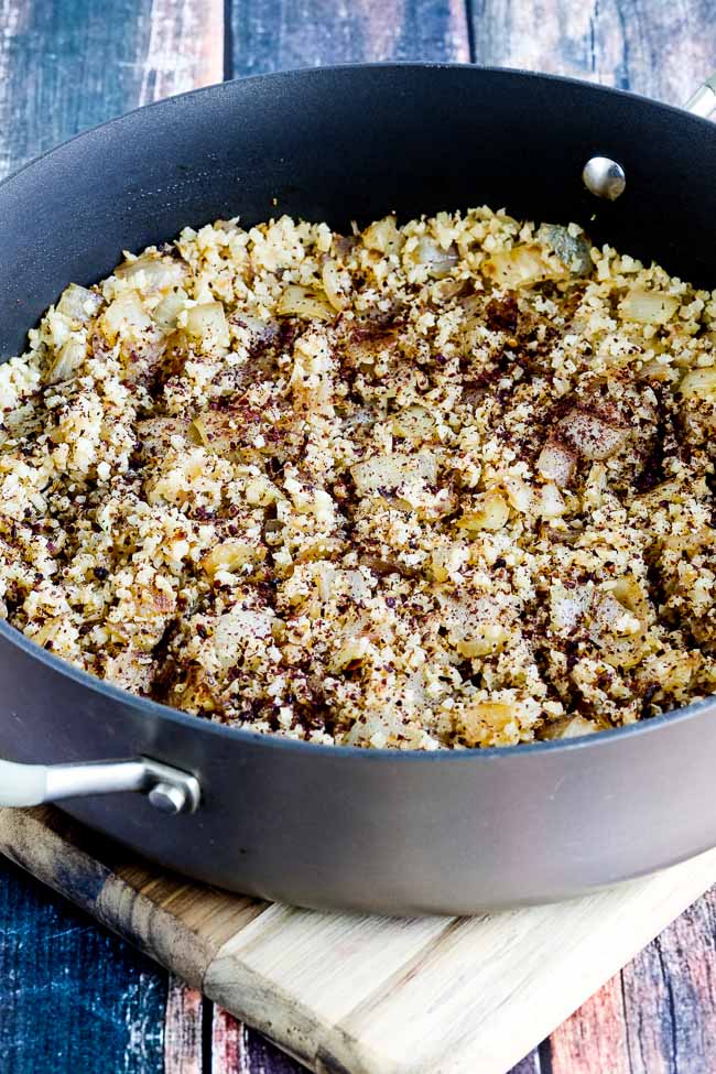 Finished dish for Low-Carb Cauliflower Rice with Fried Onions and Sumac