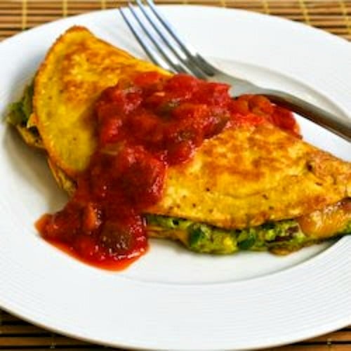 Low-Carb Southwestern Omelet with Easy Guacamole and Salsa found on KalynsKitchen.com