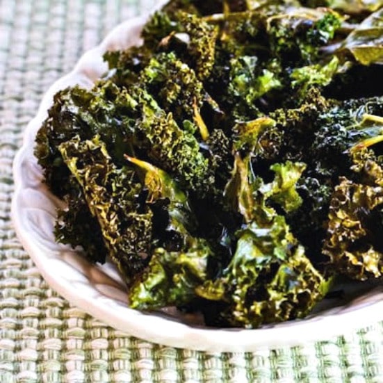 Roasted Kale Chips with Sea Salt and Vinegar finished kale chips on serving plate