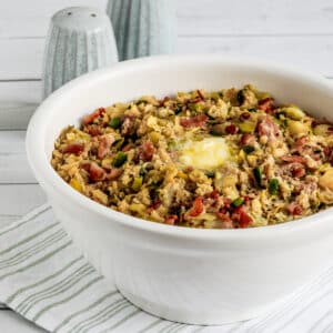 Square image of Low-Carb Colcannon Recipe with Bacon shown in serving bowl