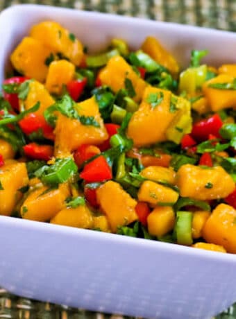 Mango Red Pepper Salsa with Peperoncini shown in serving dish.