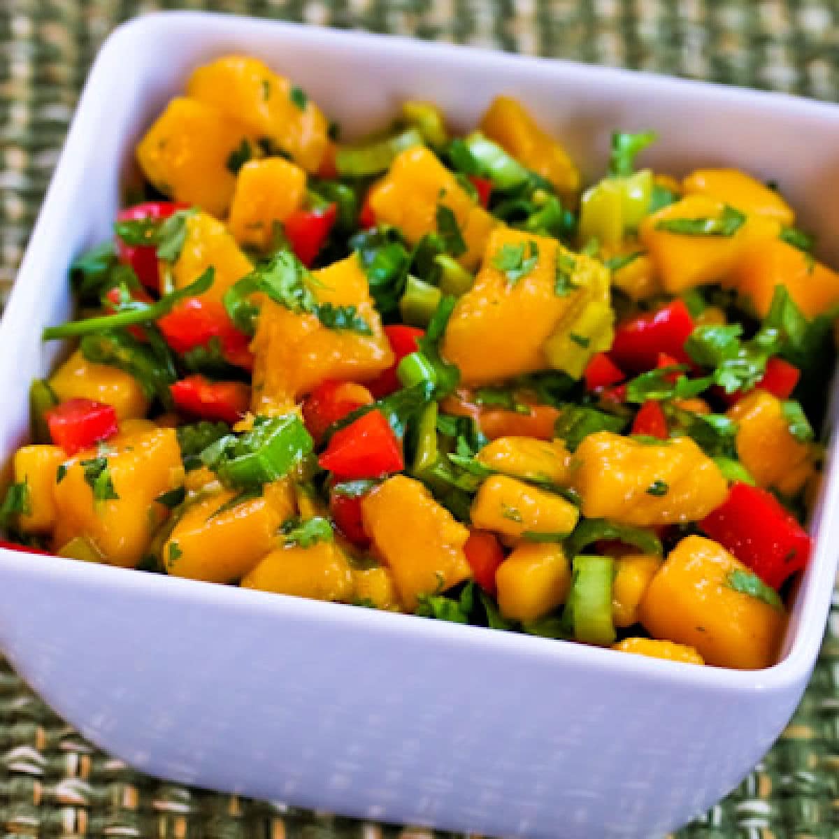 Mango Red Pepper Salsa with Peperoncini shown in serving dish.