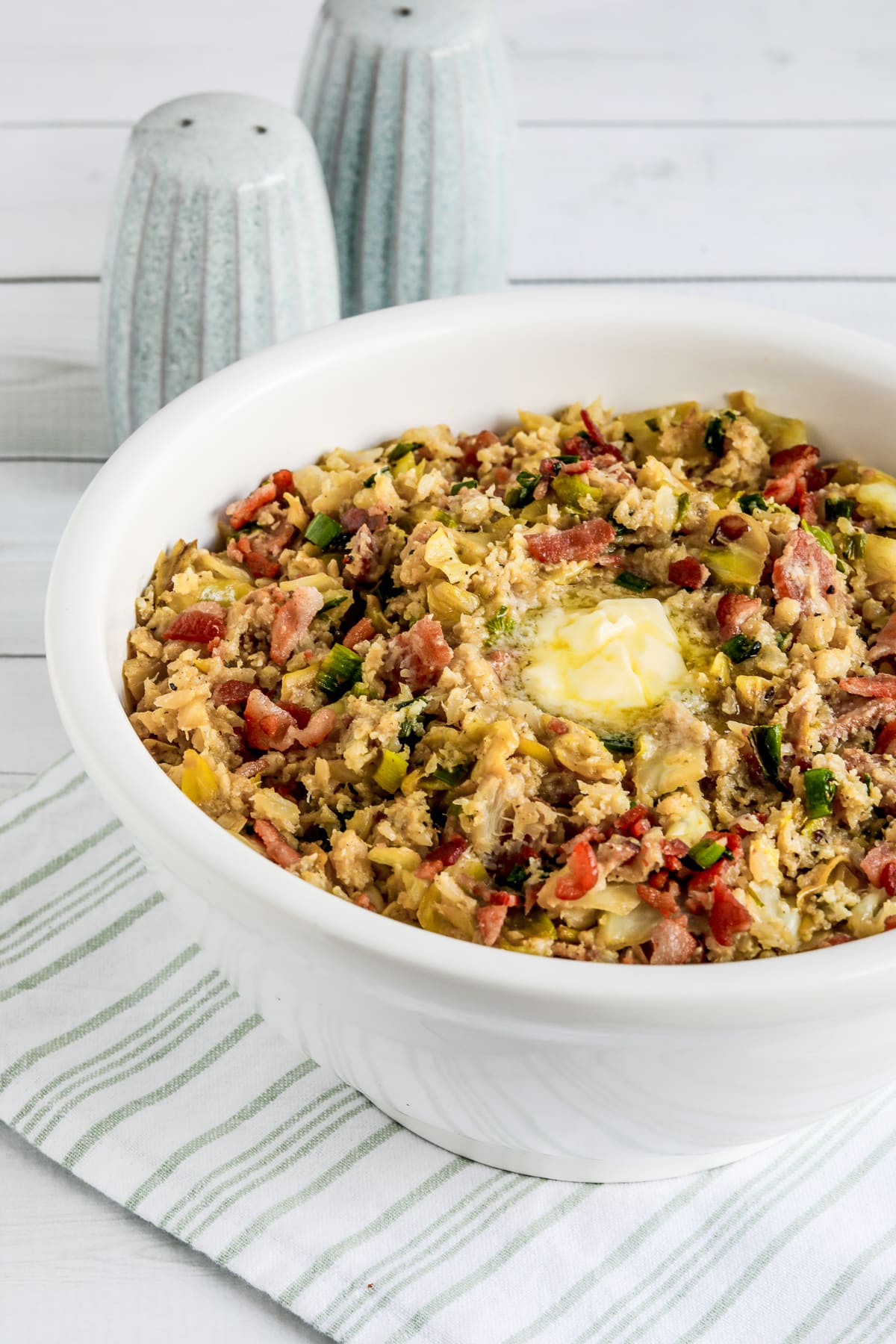 Low carb colcannon recipe with bacon displayed in serving bowl
