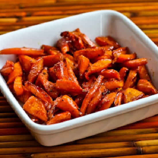 Maple-Glazed Carrots in small white square serving bowl