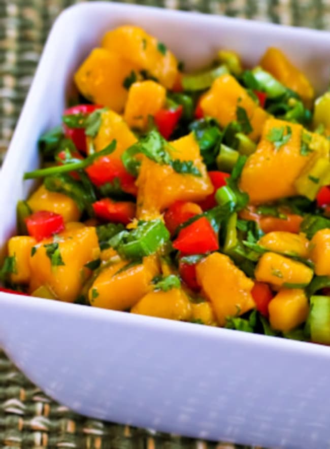 Mango Red Pepper Salsa with Peperoncini shown in serving dish, cropped image.
