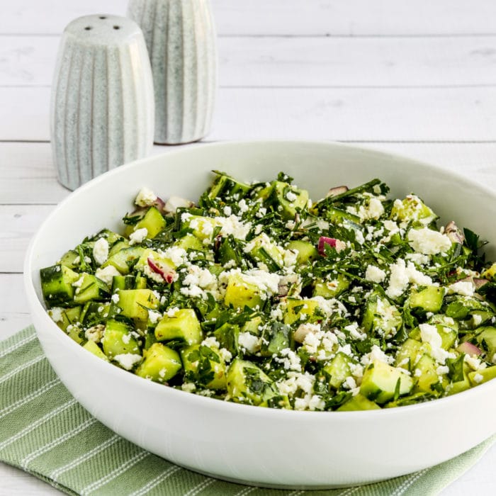 Cucumber Salad with Parsley and Feta square thumbnail image of finished salad in serving bowl