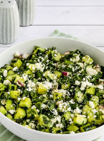 Cucumber Salad with Parsley and Feta, close-up of finished salad in serving bowl
