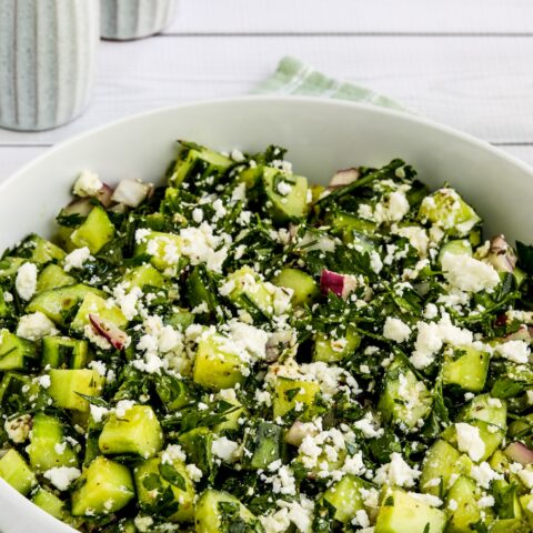 Cucumber Salad with Parsley and Feta, close-up of finished salad in serving bowl