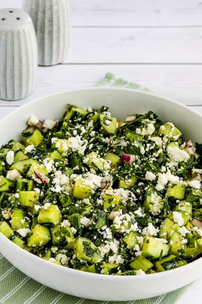 Cucumber Salad with Parsley and Feta, close-up of finished salad in serving bowl