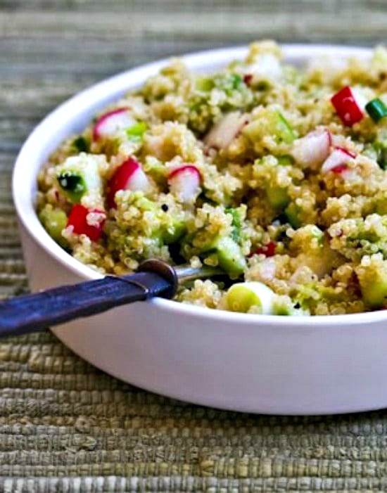 Quinoa Salad with Avocado, Radishes, and Cucumbers close-up photo of finished salad