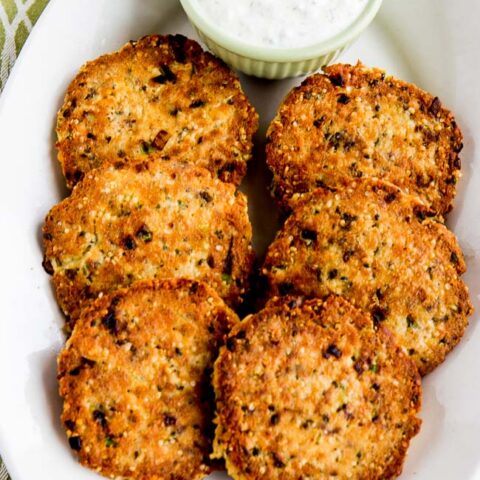 Low-Carb Salmon Patties with Double-Dill Tartar Sauce found on KalynsKitchen.com