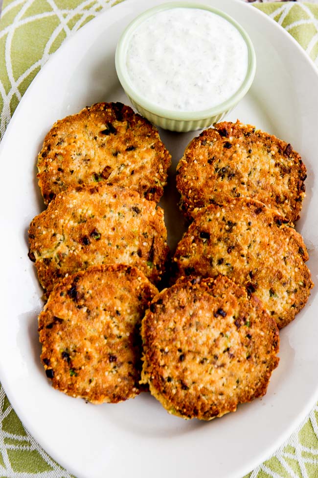 Low-carb Salmon Fritters with Double Dill Tartar Sauce found at KalynsKitchen.com