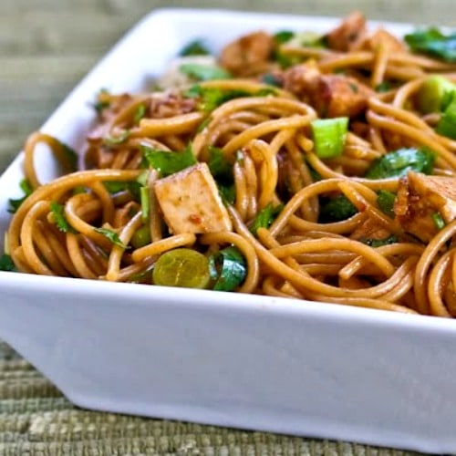 Spicy Whole Wheat Sesame Noodles with Chicken, Green Onions, and Cilantro found on KalynsKitchen.com