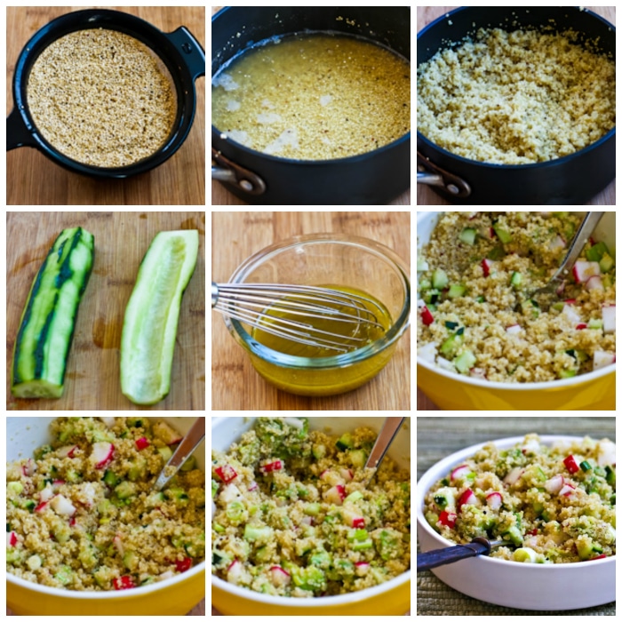 Quinoa Salad with Avocado, Radishes, and Cucumbers process shots collage