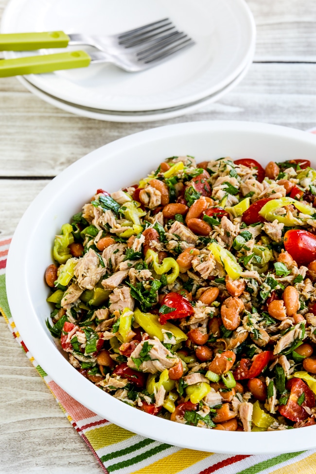 Pinto Bean Salad with Tuna, Tomatoes, and Peperoncini close-up photo