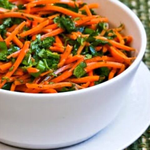 Spicy Shredded Carrot Salad with Mint, Cilantro, Green Onion, Lime, and Jalapeno found on KalynsKitchen.com