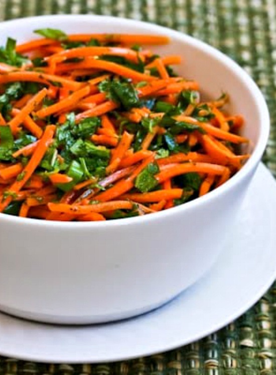 Spicy Shredded Carrot Salad with Mint, Cilantro, Green Onion, Lime, and Jalapeno found on KalynsKitchen.com