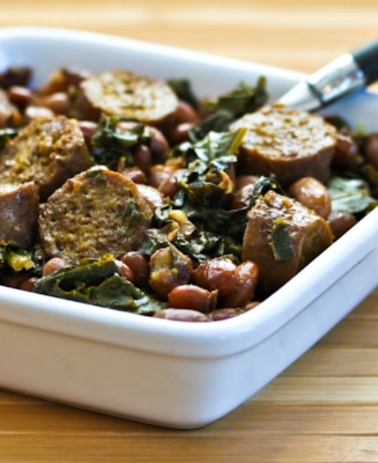 Crockpot Sausage, Beans, and Greens close-up photo of finished dish in serving bowl