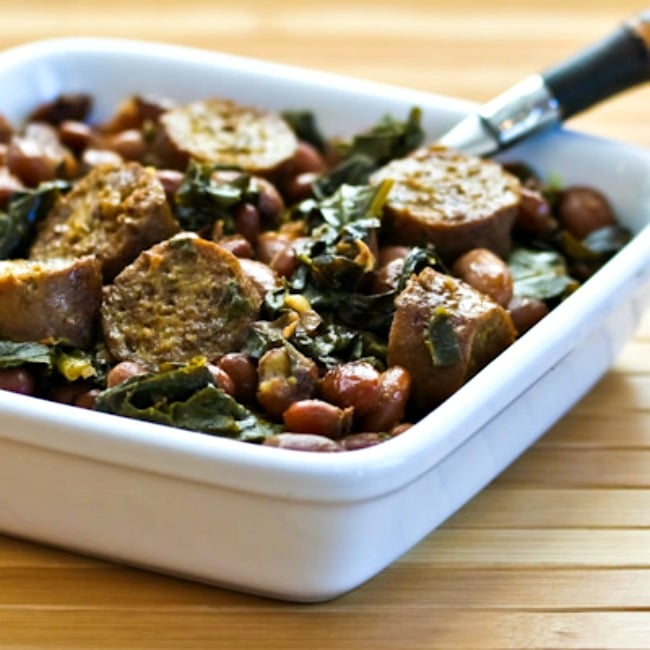 Crockpot Sausage, Beans, and Greens photo of finished dish in serving bowl