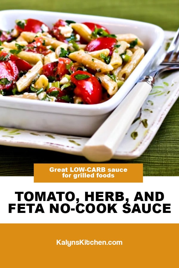 Pinterest image of Tomato, Herb, and Feta No-Cook Sauce