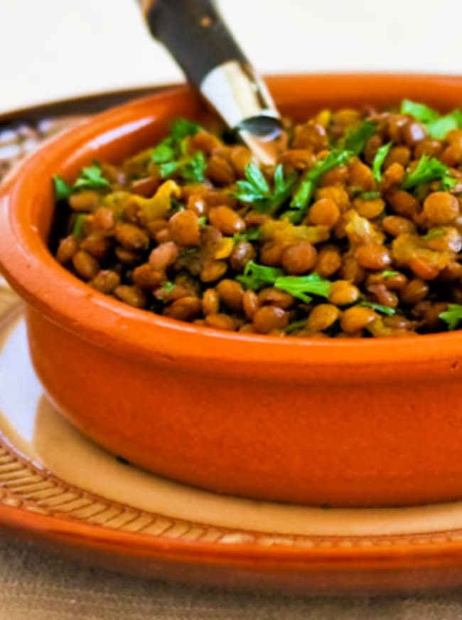 Curried Lentils cropped image of lentils in serving dish.