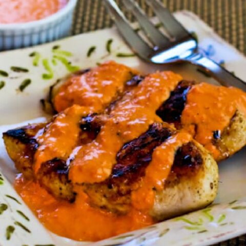 Grilled Garlic Chicken with Red Pepper Aioli on serving plate with sauce