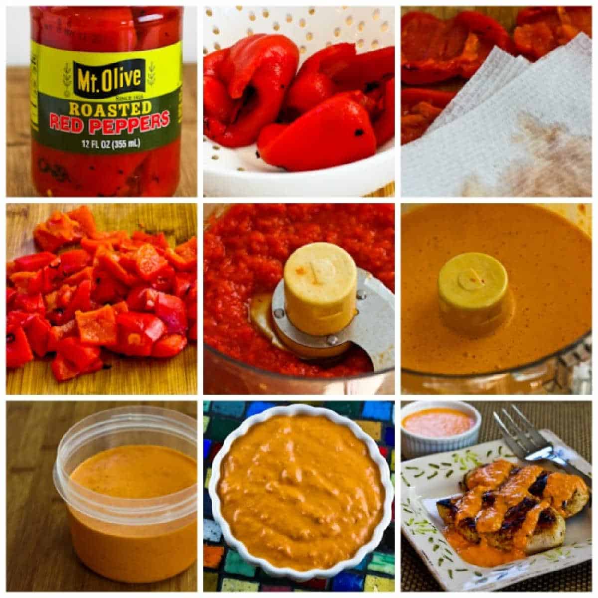 Collage recipe steps for roasted red pepper sauce