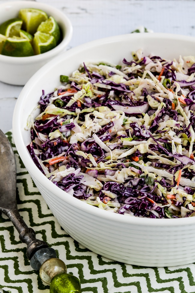 Spicy Lime Coleslaw close-up photo of finished cole slaw in serving bowl