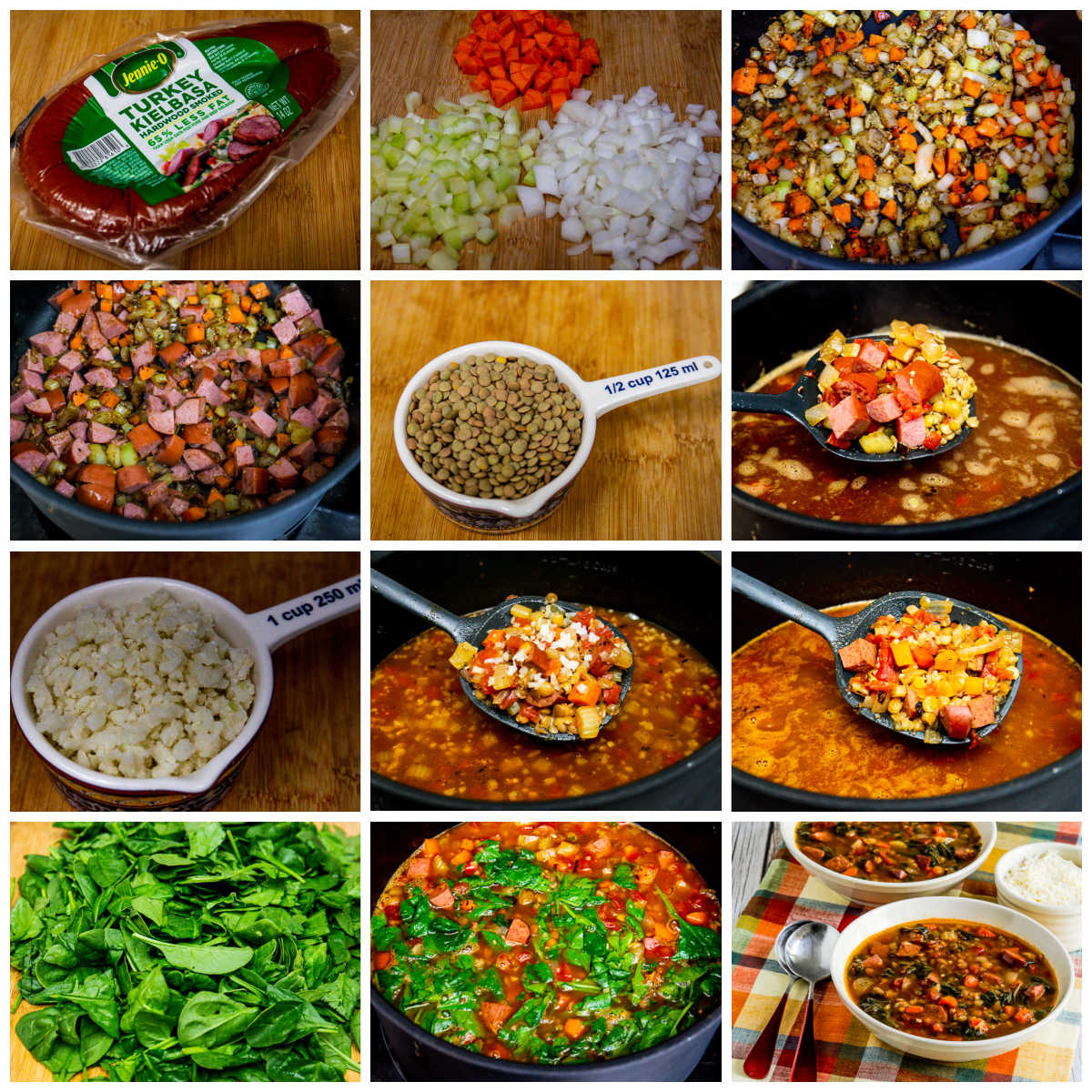 Spinach collage of recipe steps and sausage lentil soup.