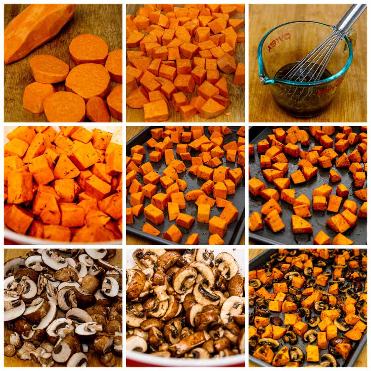 Sweet Potatoes and Mushrooms collage of recipe steps