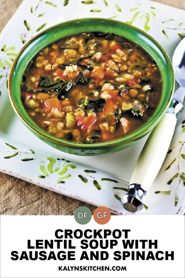 Pinterest image of Crockpot Lentil Soup with Sausage and Spinach