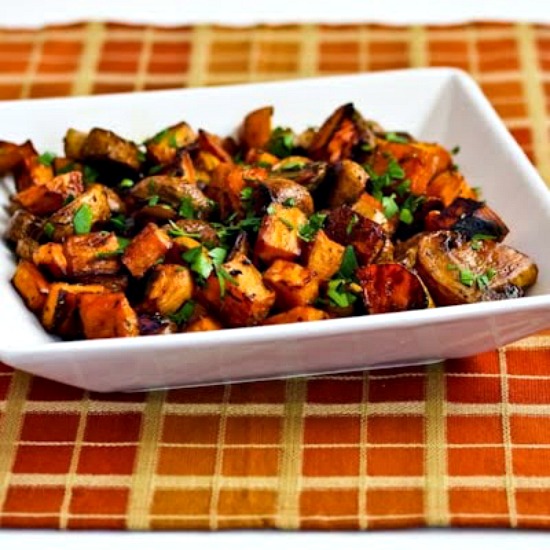 Roasted Sweet Potatoes and Mushrooms with Thyme from KalynsKitchen.com