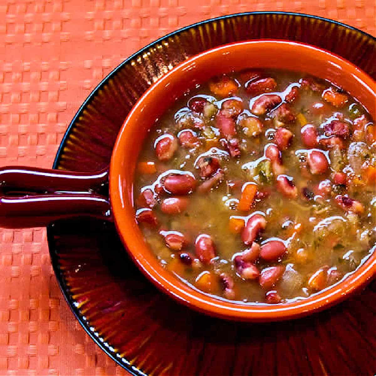 Square image for CrockPot Anasazi Bean Soup shown in bowl on matching plate.