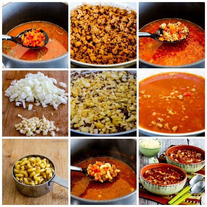 Italian Sausage, Tomato, and Pesto Soup process shots collage