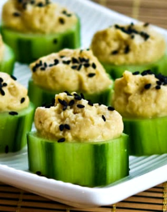 Hummus and Cucumber Appetizer Bites with Sesame Seeds found on KalynsKitchen.com