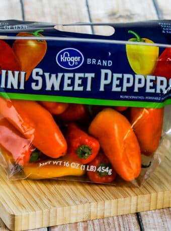 Square image for Kalyn's Kitchen Picks: Mini Sweet Peppers showing bag of peppers on cutting board.
