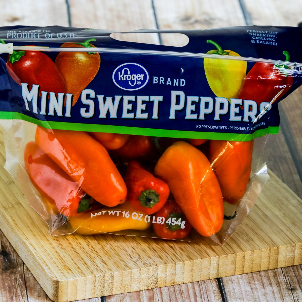 Square image for Kalyn's Kitchen Picks: Mini Sweet Peppers showing bag of peppers on cutting board.