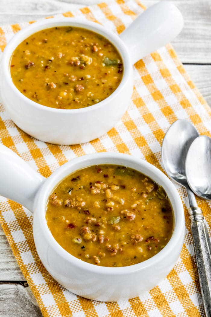 Yellow Split Pea Soup in white serving bowls with spoons