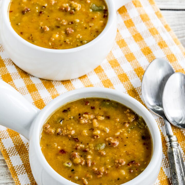 Yellow Split Pea Soup in white serving bowls with spoons