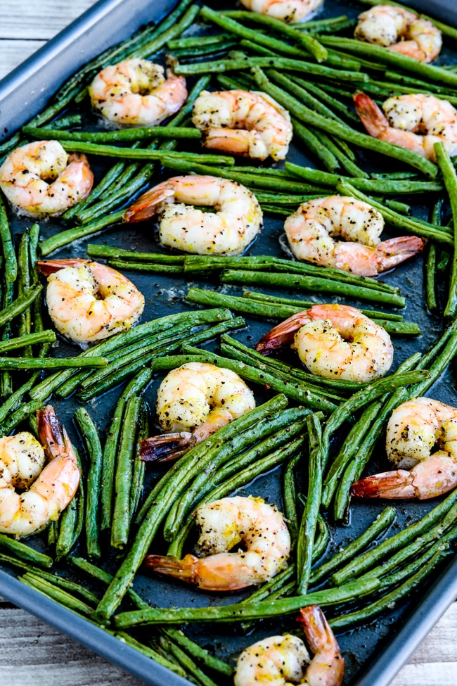 Spicy Green Beans and Shrimp Sheet Pan Meal close-up photo