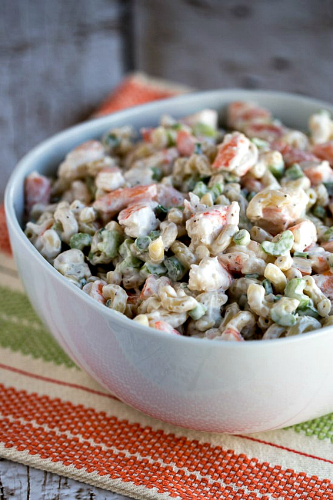 Closeup photo of shrimp and macaroni salad in a bowl