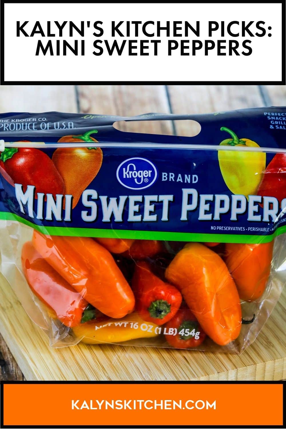 Pinterest image for Kalyn's Kitchen Picks: Mini Sweet Peppers, showing mini peppers in bag.