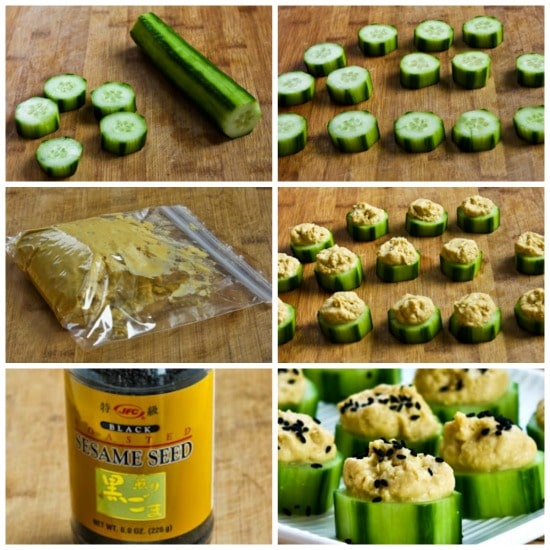Hummus and Cucumber Appetizer Bites with Sesame Seeds found on KalynsKitchen.com
